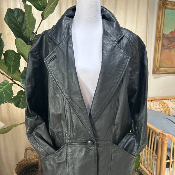 Vintage 90s Matrix Grunge Trench Coat Genuine Leather Black Oversized Women's M - Picture 4 of 16
